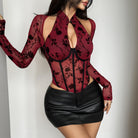 Langry fashion wine-colored floral lace bodysuit with black leather skirt