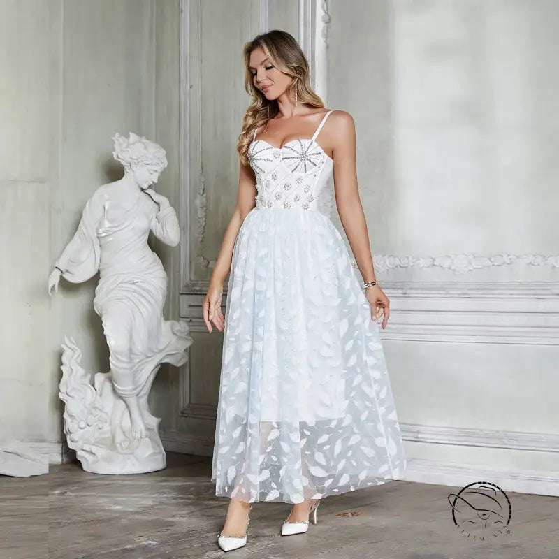 White embellished midi fairy dress with corset straps and large swing