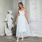 White embellished midi fairy dress with corset straps and large swing