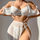 Gorgeous mesh leopard print lingerie set with white sheer fabric, adjustable straps, and front tie design