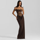 Enchanting strap lace dress in brown satin with off-shoulder neckline