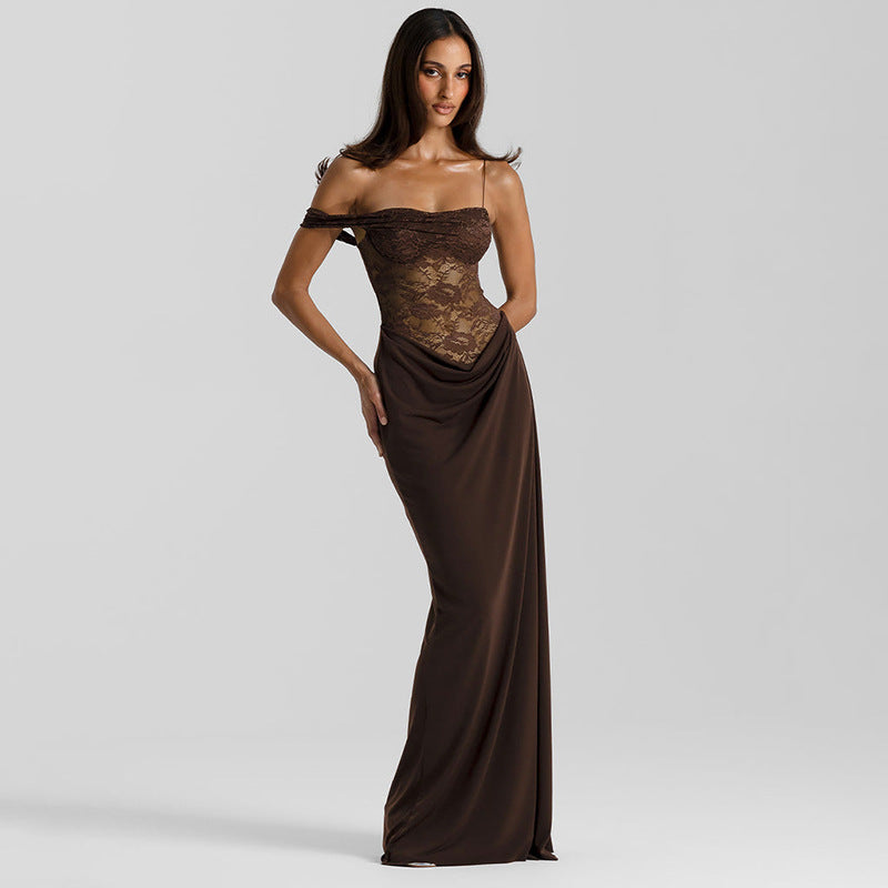 Enchanting strap lace dress in brown satin with off-shoulder neckline