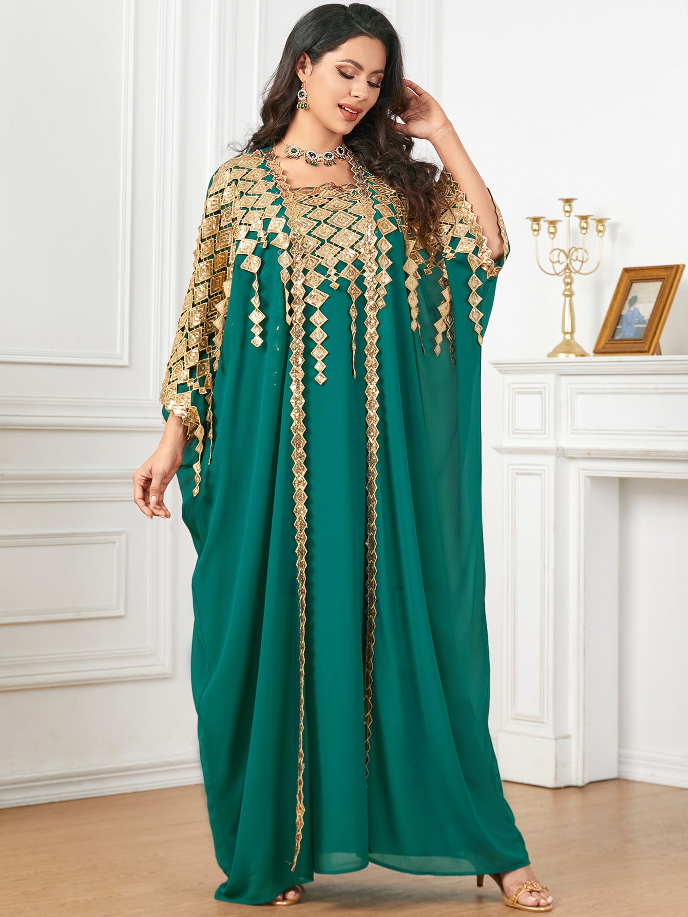 Emerald green langry fashion kaftan with gold embroidery and sheer sleeves