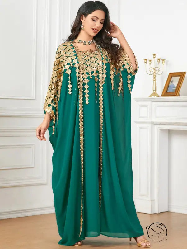 Emerald green langry kaftan with gold embroidery and sheer sleeves