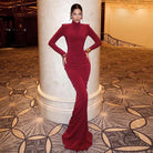 Elegant burgundy fishtail dress, long-sleeved and form-fitting