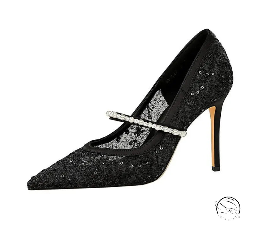 Langry fashion black lace stiletto high heel with pearl strap