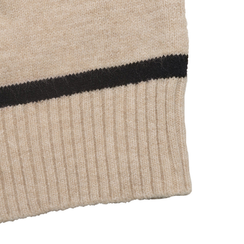 Elegant langry beige and black striped ribbed off-shoulder sweater