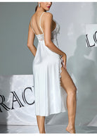 Langry fashion white satin nightdress with lace back and side slit