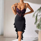 Elegant black and pink lace dress for women wear sling fashion with ruffled hem and slit