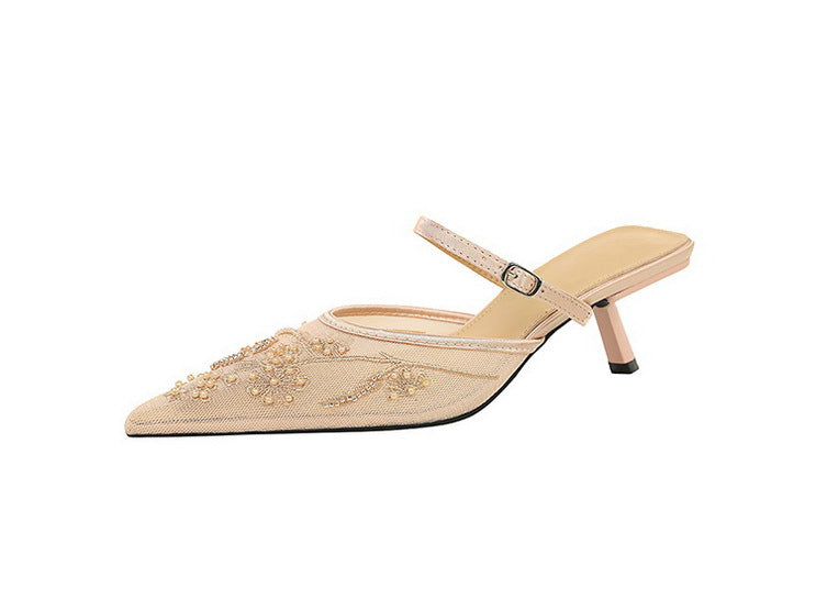 Champagne satin Langry fashion kitten heel mule with floral embroidery