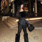 Elegant langry fashion jumpsuit with black fur trim and slim fit