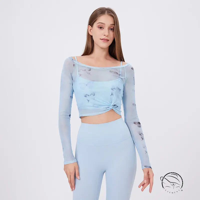 Floral Butterfly Faux Two Piece Sports t Shirt Women Long Sleeve with Chest Pad Yoga Clothes Mesh Top Quick Drying