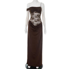 Enchanting strap lace dress with brown off-shoulder neckline and draped bodice