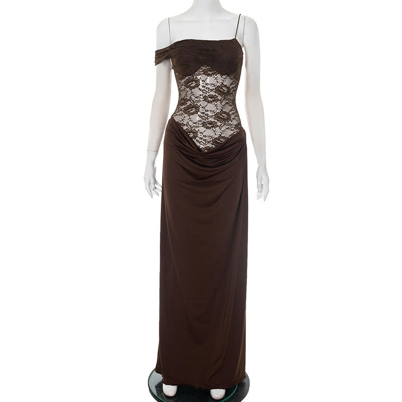 Enchanting strap lace dress with brown off-shoulder neckline and draped bodice