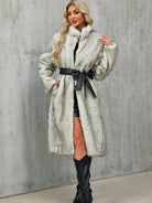 Stylish long faux fur overknee thickened coat with high collar and black leather belt