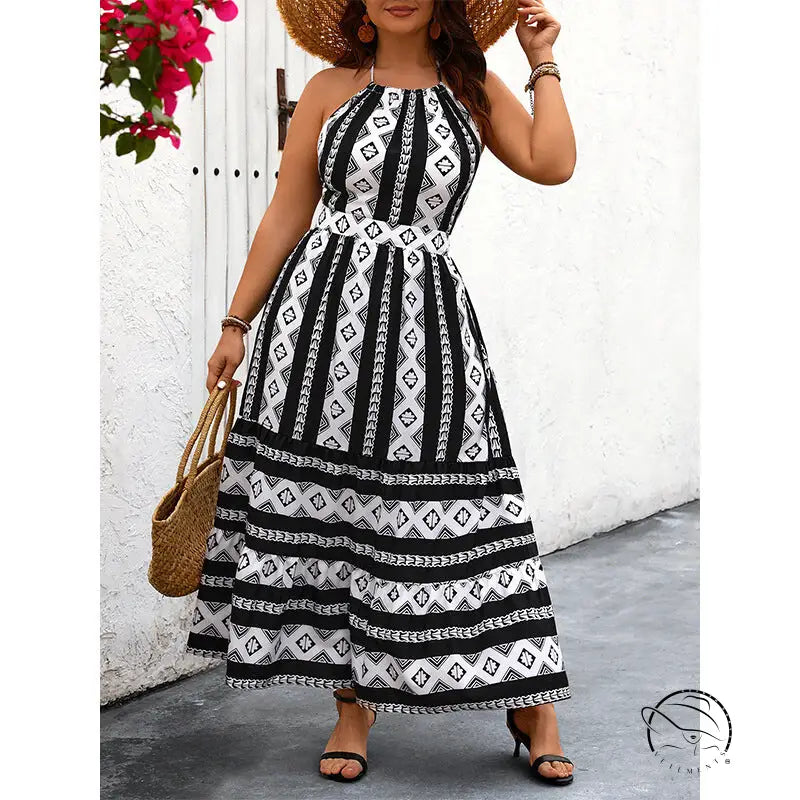 Black and white patterned halter Vacation Bare maxi dress