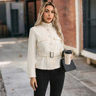 Langry fashion cream-colored woolen coat with high collar and silver buttons