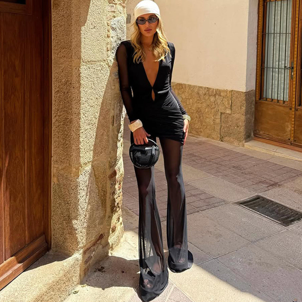 Langry fashion black sheer mesh flared pants in ملابس jumpsuit