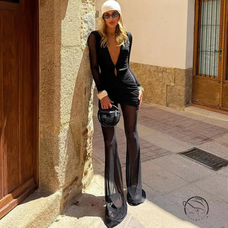 Langry fashion black sheer mesh pants with high waist and flared legs