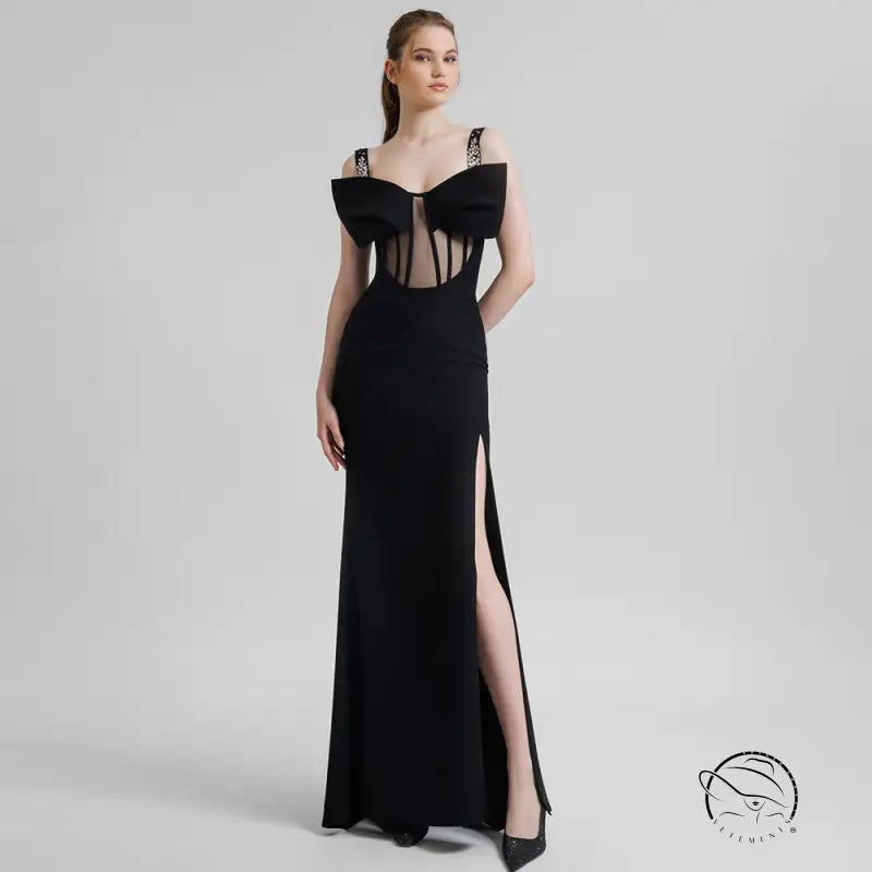 Elegant black maxi dress with sheer corset panels and thigh-high slit