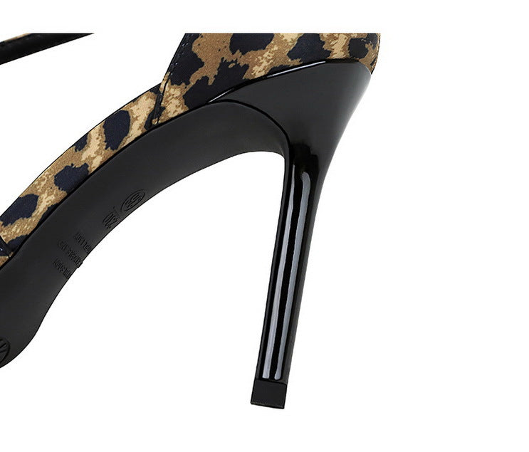 Langry fashion leopard print square high heel sandal with black patent leather strap