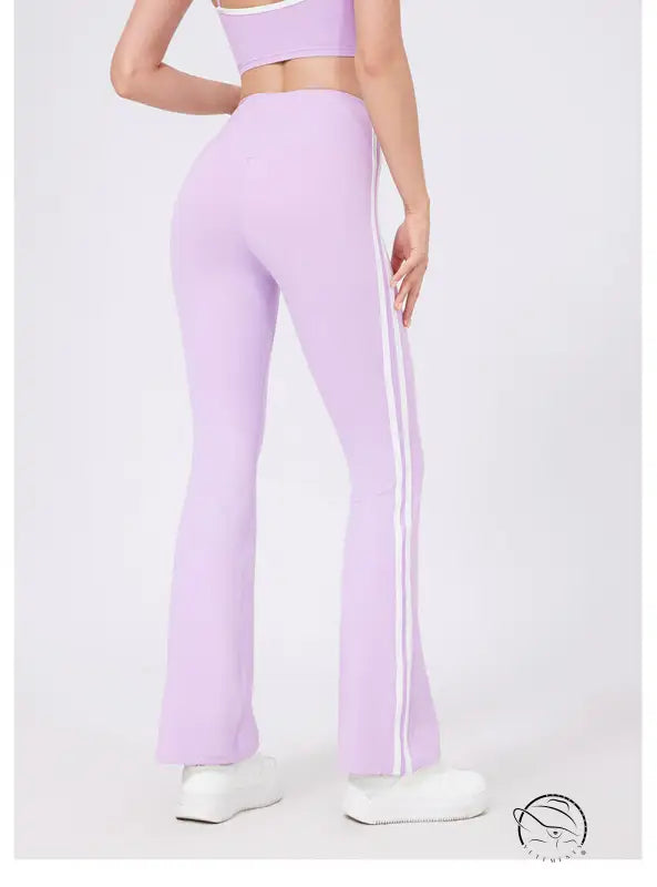 Lilac high waist yoga pants with white stripes and peach hip raise