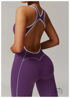 Purple langry yoga jumpsuit with open back and hip-lifting pleats
