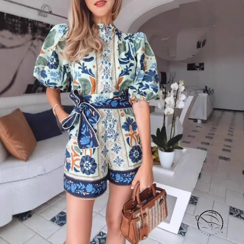 Stunning bohemian jumpsuit with patterned two-piece shorts set