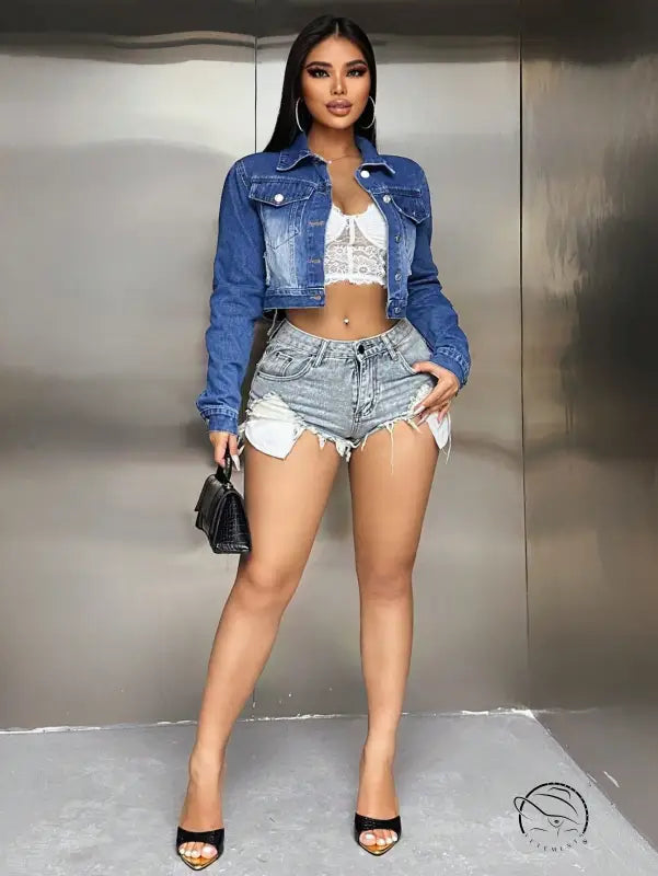 Woman in embroidery denim jacket short coat and shorts