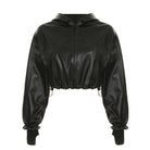 Black faux leather cropped hoodie featured in the Loose Zipper Leather Jacket