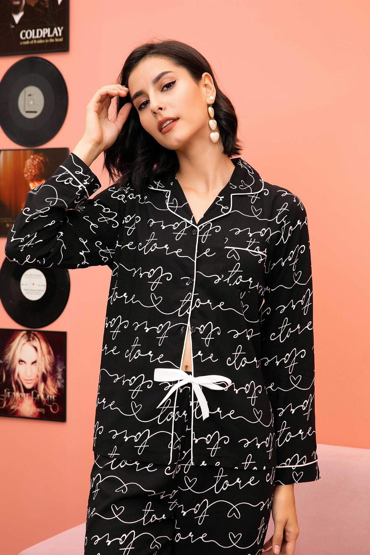 Langry fashion black and white love print pajama top with pearl buttons