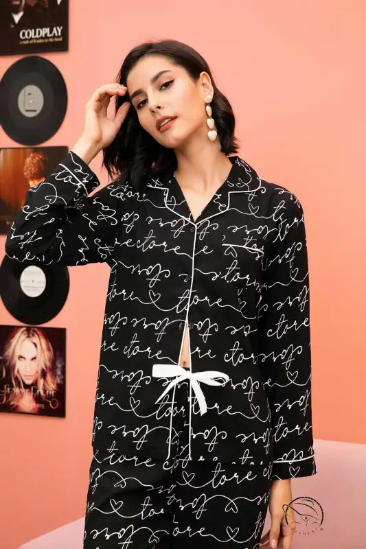 Langry black and white love print pajama top with pearl buttons