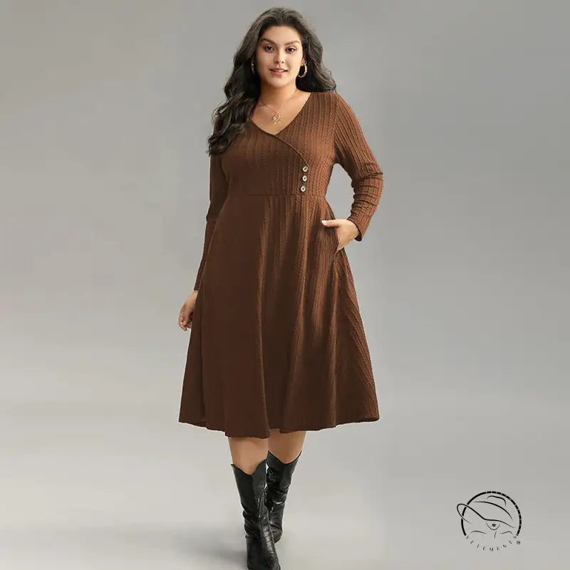 Women’s brown long-sleeved V-neck midi match office dress with buttons and pockets