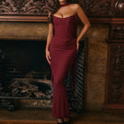 Burgundy one-shoulder fitted high grade skinny sheath skirt set gown
