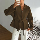 Olive green belted blazer with wide sleeves in langry fashion ملابس