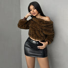 Langry fashion plush off-shoulder crop top with leather skirt and belt