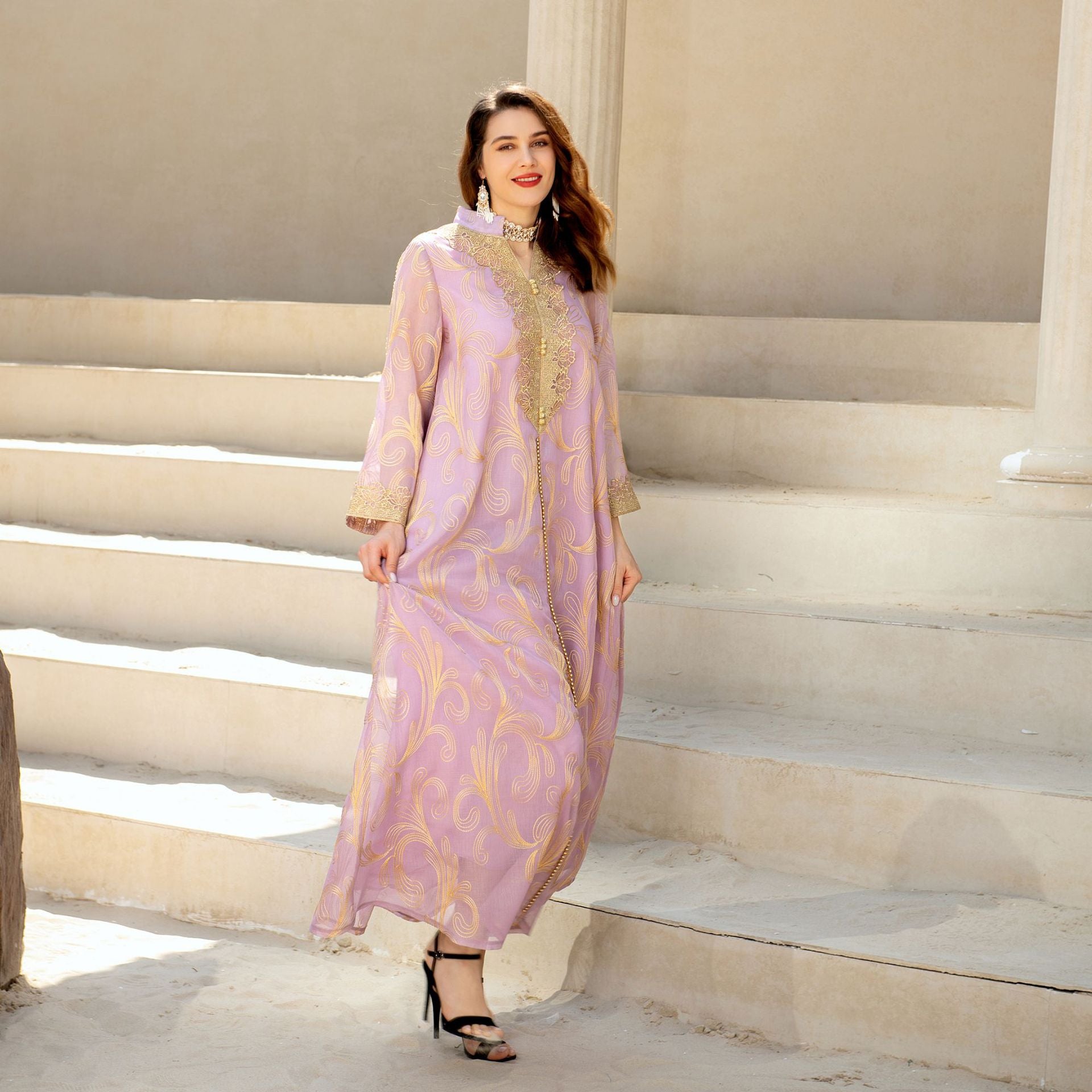 Lavender embroidered langry abaya with gold accents and heels