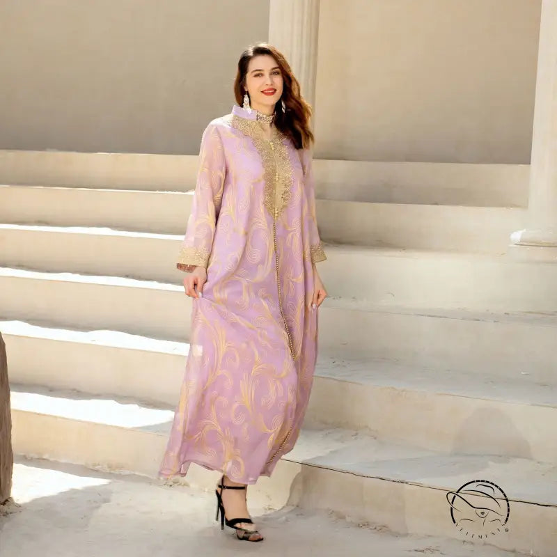 Enchanting Middle East langry fashion abaya with lavender embroidery, gold accents, and high heels