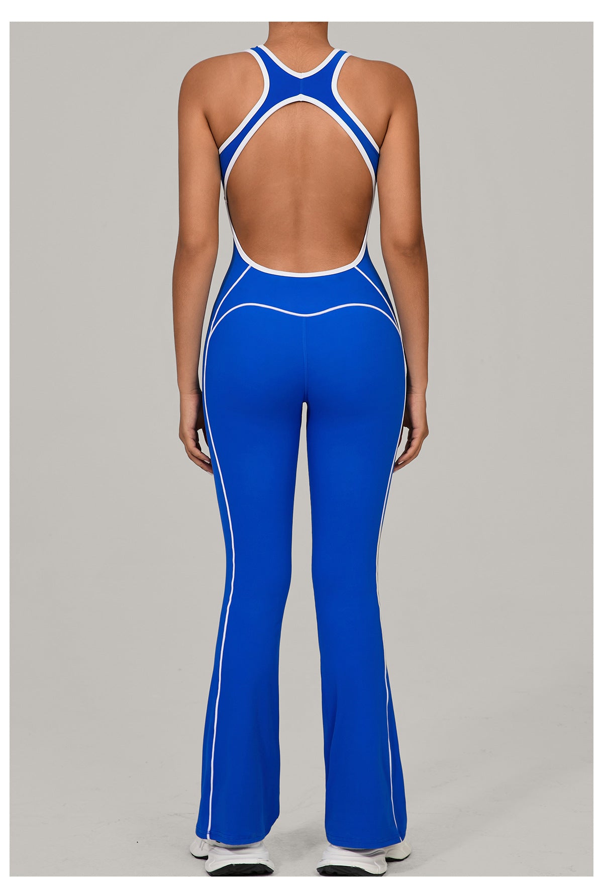 Royal blue and white striped Langry Beauty Back Yoga Jumpsuit with open back
