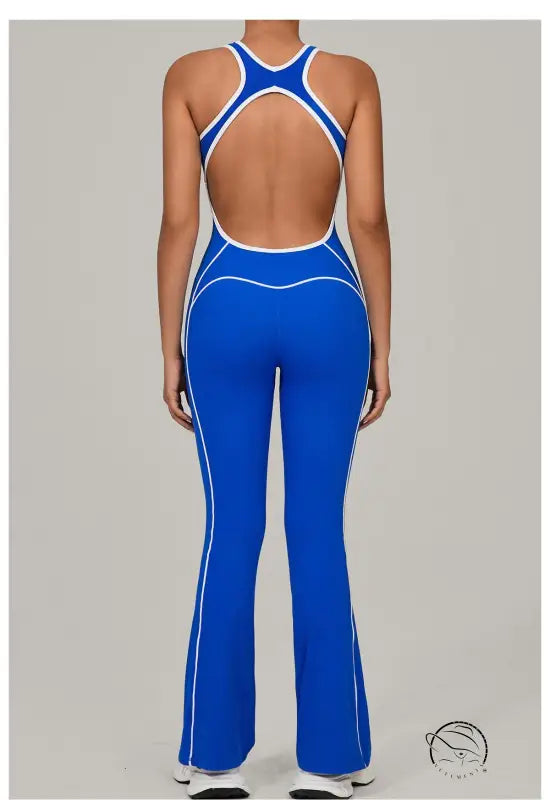 Royal blue and white striped Beauty Back Yoga Jumpsuit with open back design