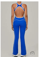 Royal blue and white striped Beauty Back Yoga Jumpsuit with open back design