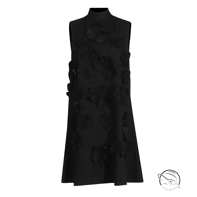 Sleeveless black floral dress with tie bow collar by Langry fashion