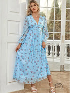 Elegant high waist langry fashion ملابس in light blue floral maxi dress