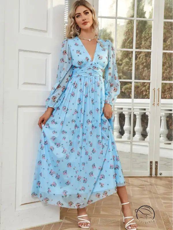 Elegant high waist langry fashion ملابس in light blue floral maxi dress