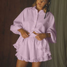 Elegant Puff Sleeve Ruffled Shirt Loose Shorts Two Piece Set