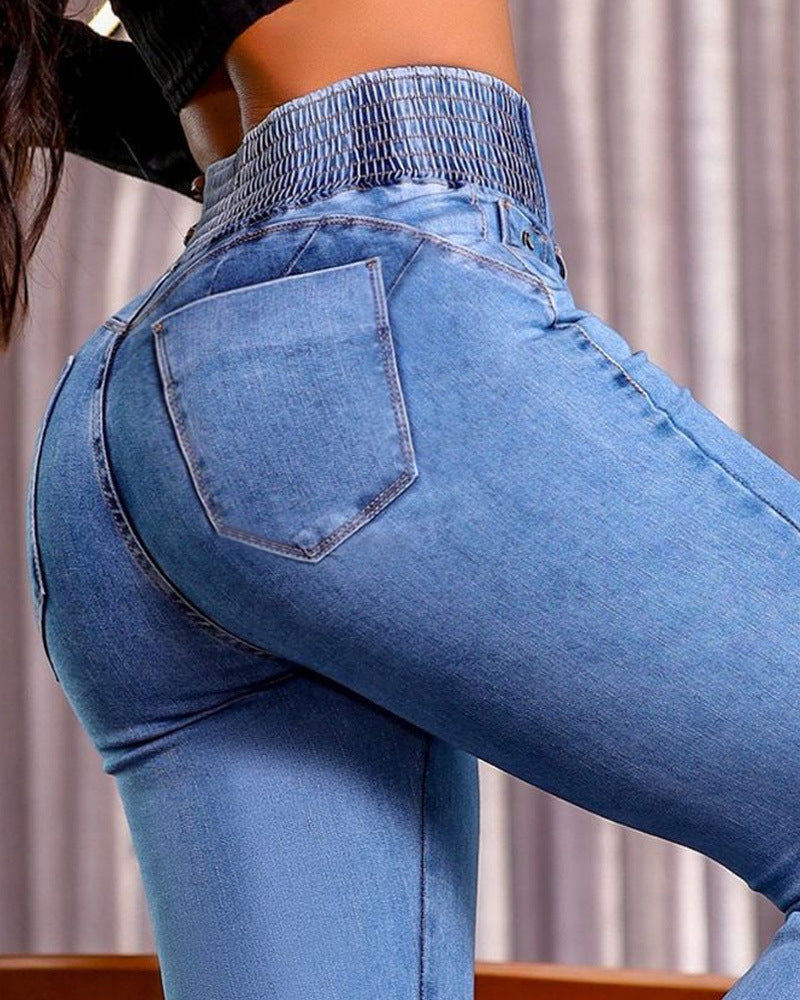 Light blue high-waisted jeans from Beautiful Stretch Hip Lifting Denim Trousers collection