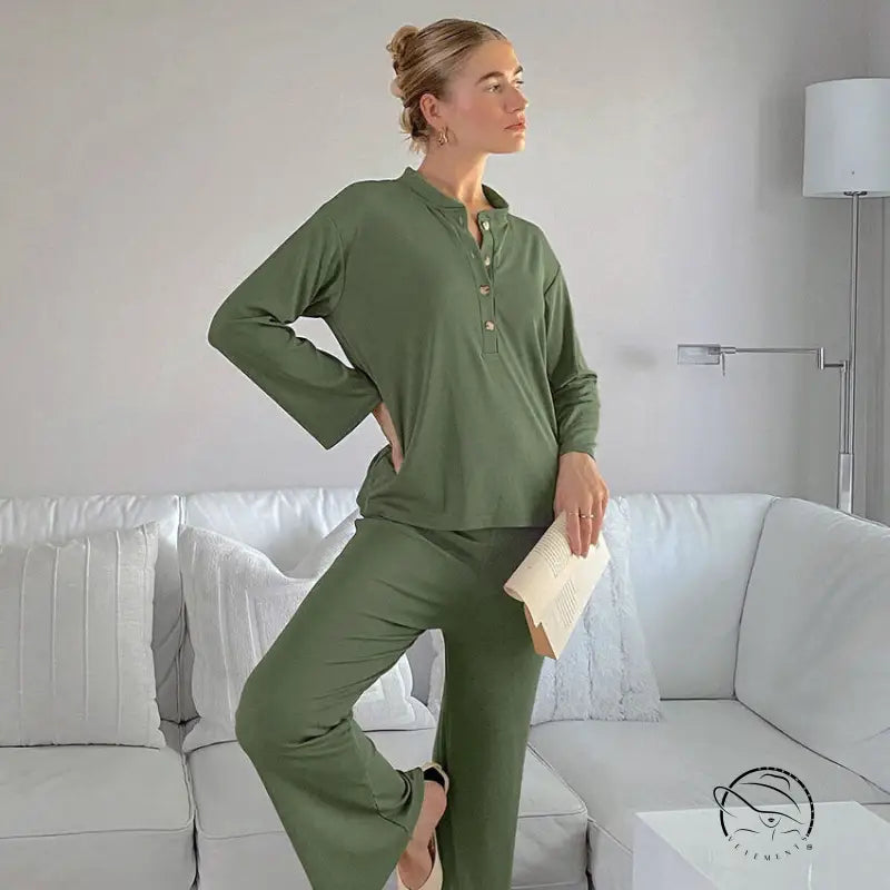 Woman in knitted stripe comfortable home wear, olive green outfit