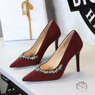 Burgundy suede langry fashion Rhinestone Cocktail Stiletto Heel with pointed toes and rhinestone embellishments