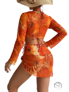 Four piece lace up orange tropical leaf print crop top skirt set