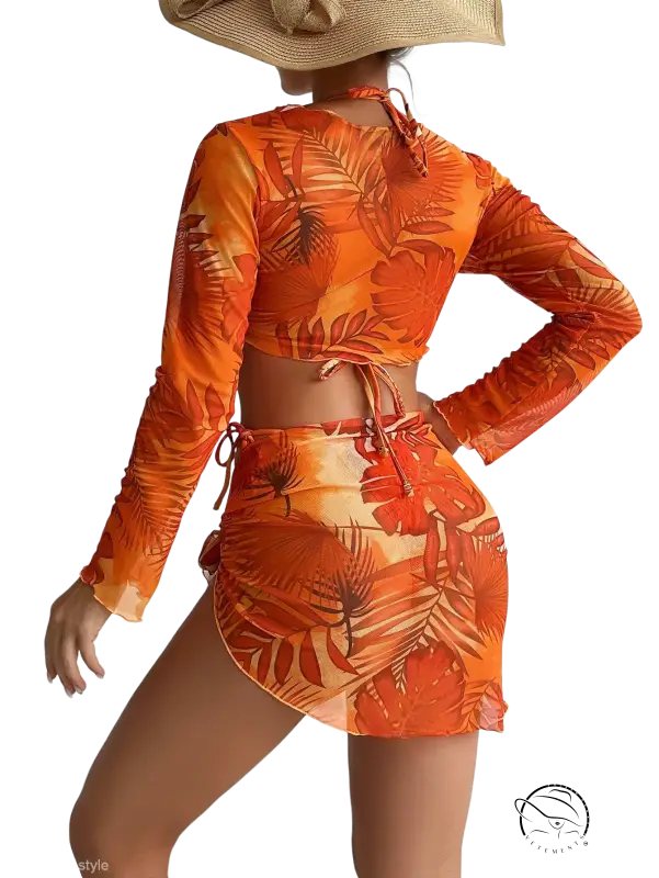 Four piece lace up orange tropical leaf print crop top skirt set